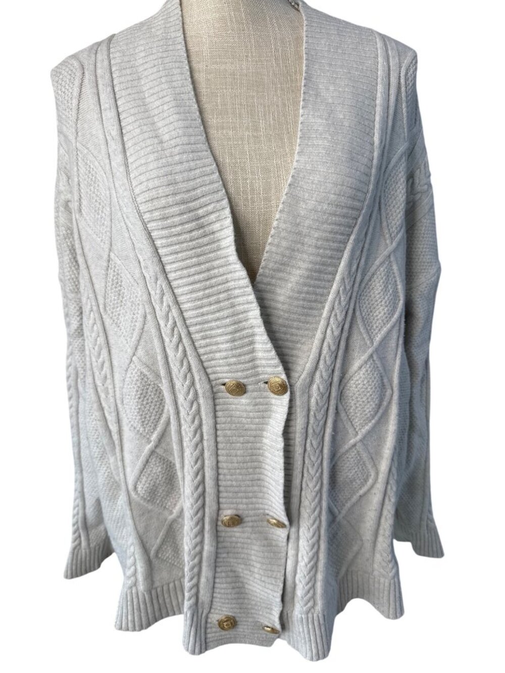 J. Jill Cozy Cable Knit Double Breast Cardigan Sweater Soft Gray Gold Buttons XL